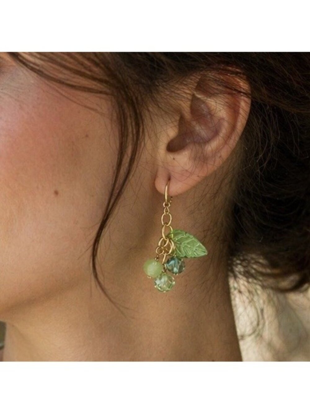 REIMAGINED Gooseberry Green Beaded Dangle Earrings 2” Gold Tone Hypoallergenic - Picture 2 of 6